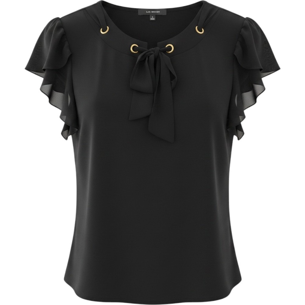 Liz McCoy Black Scoop Neck Top Tulip Sleeve Brass Grommets Tie Size L